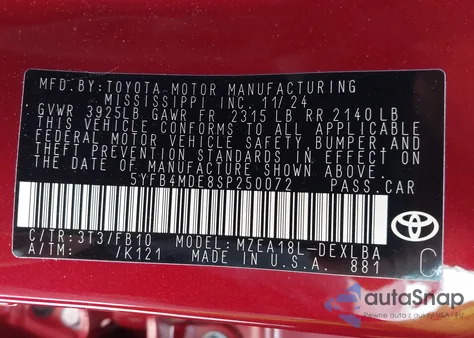 2025 Toyota Corolla Le from USA, damaged, VIN 5YFB4MDE8SP250072